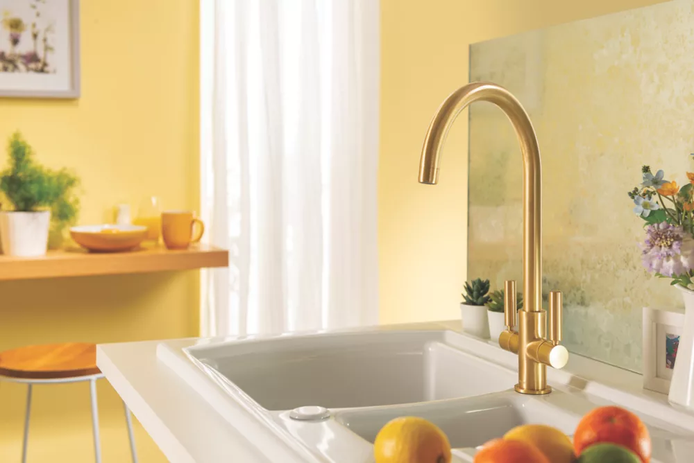 Abode Globe Swan Dual-Lever Mono Mixer Kitchen Tap Brushed Brass - Image 2