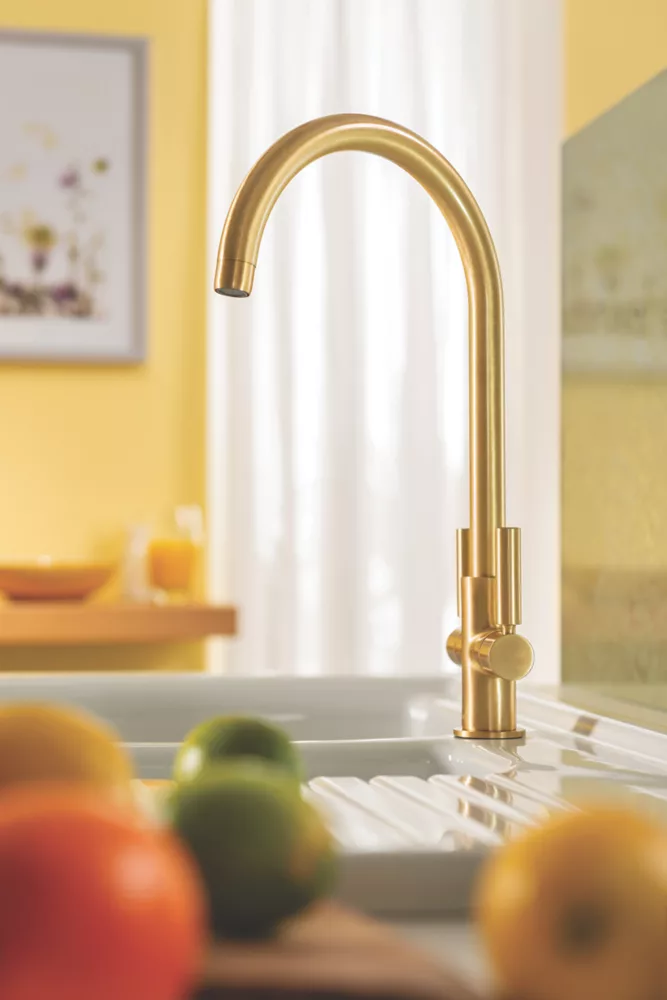 Abode Globe Swan Dual-Lever Mono Mixer Kitchen Tap Brushed Brass - Image 3