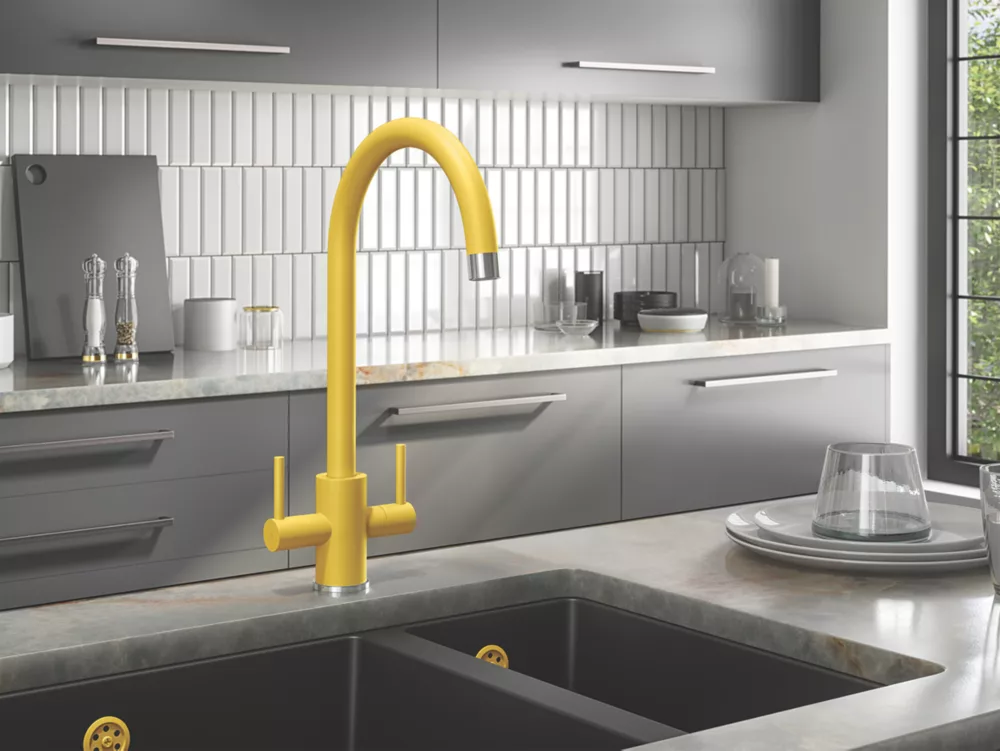 ETAL Sorrento Twin Lever Kitchen Mixer Tap Matt Yellow - Image 2