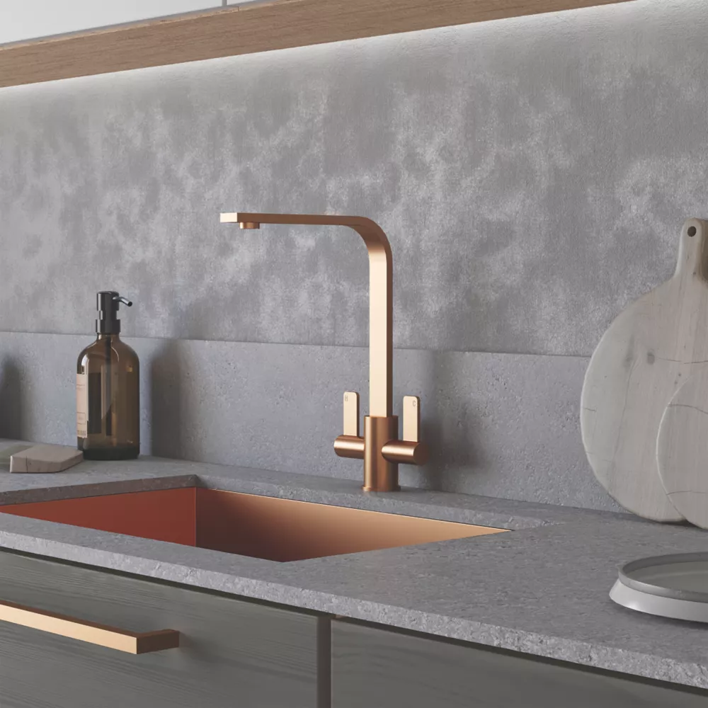 ETAL Stroud Twin Lever Kitchen Mixer Tap Brushed Copper - Image 2
