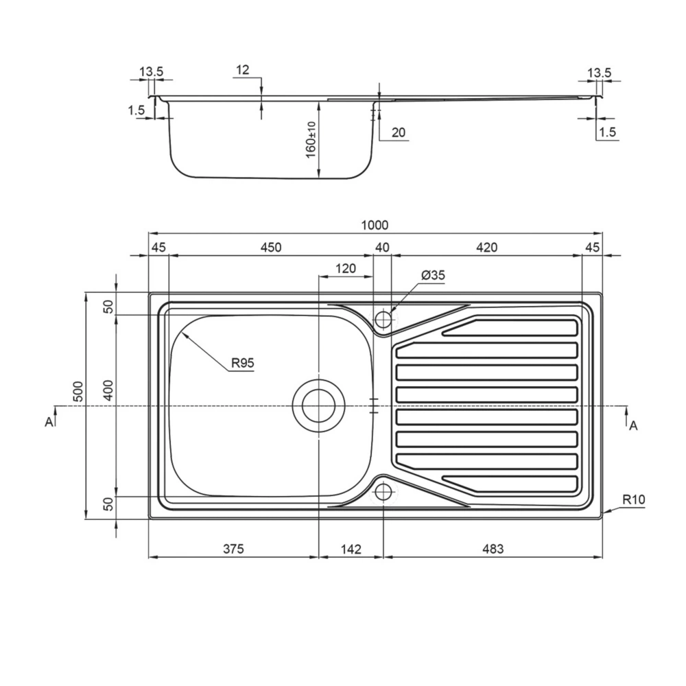 Clearwater OKIO 1 Bowl Stainless Steel Kitchen Sink & Drainer 1000 X 500mm - Image 3