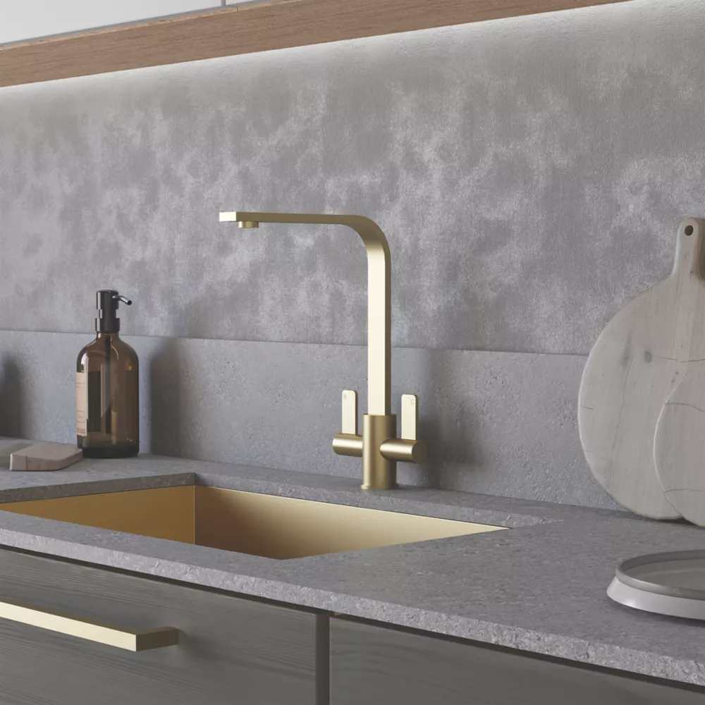 ETAL Stroud Twin Lever Kitchen Mixer Tap Brushed Brass - Image 2