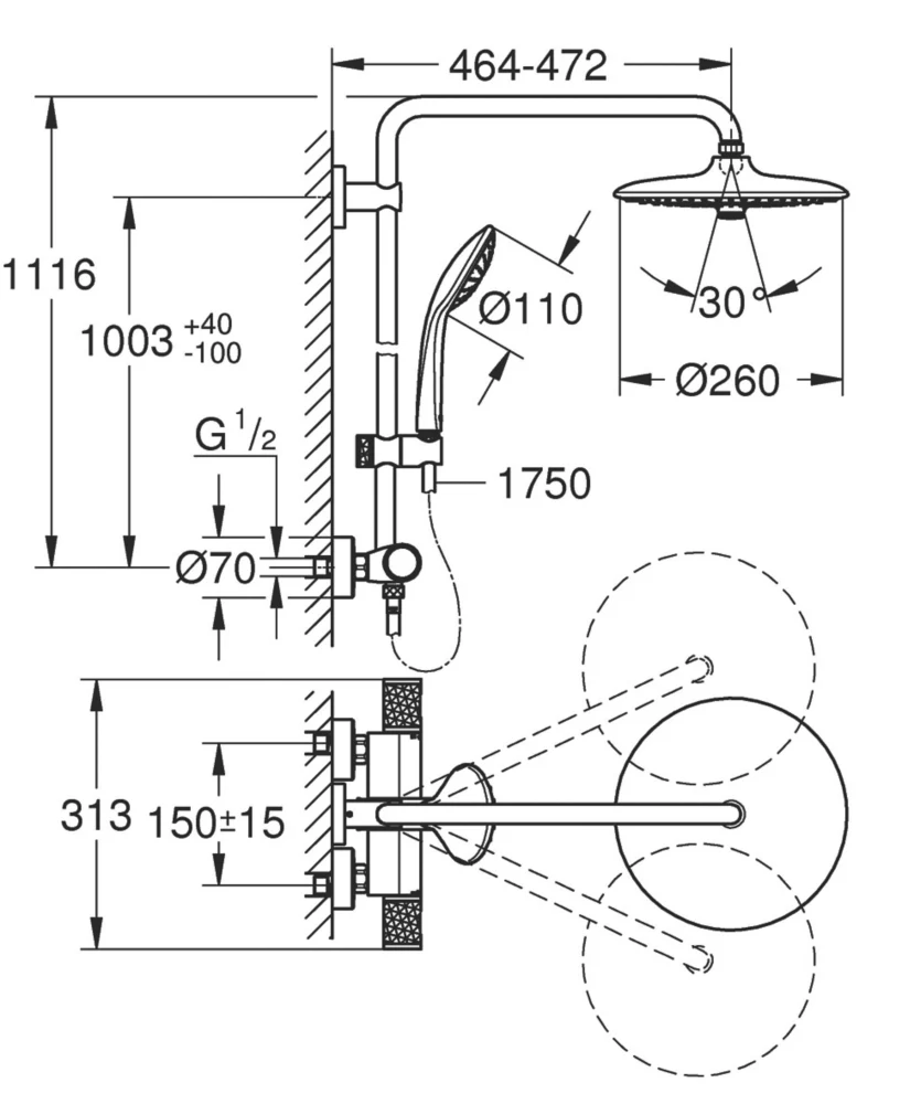 Grohe Vitalio Joy 260 CoolTouch HP Rear-Fed Exposed Chrome Thermostatic Shower System - Image 6