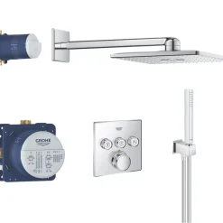 Grohe Grohtherm SmartControl 3 Button Square With Rainshower Smartactive 310 HP Rear-Fed Concealed Chrome Thermostatic Shower Set
