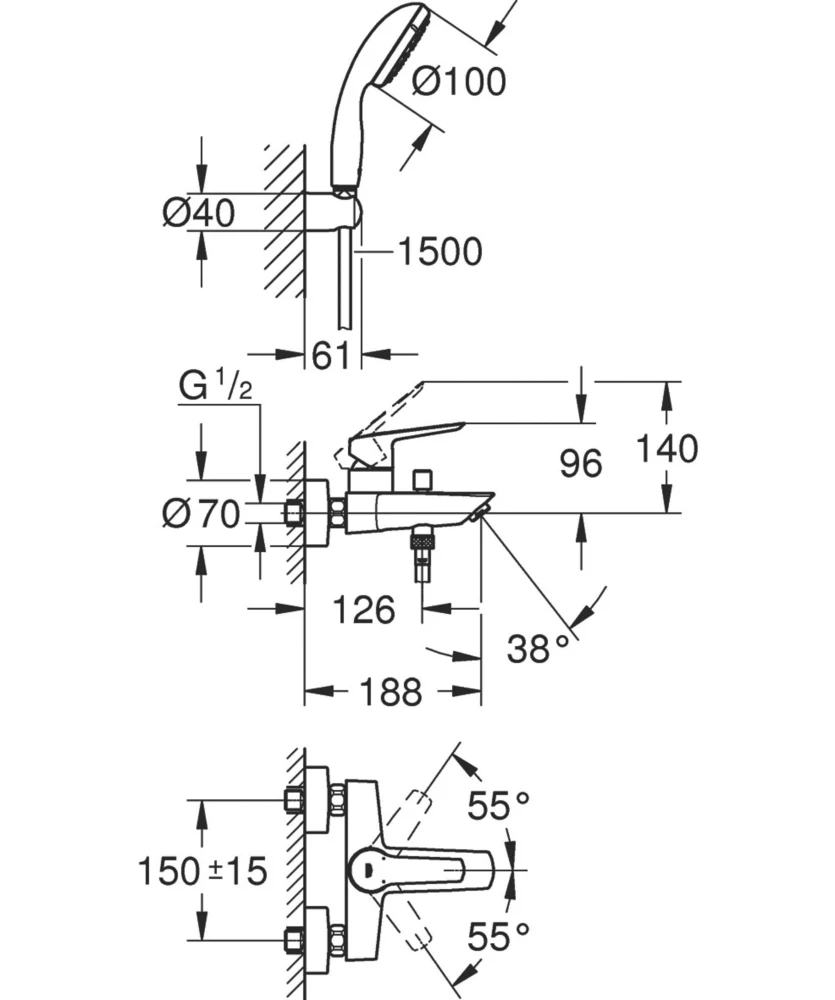 Grohe Quickfix Start Wall-Mounted Bath/Shower Mixer Set - Image 3
