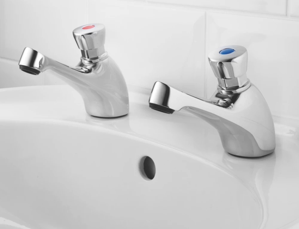 Essentials Self-Closing Non-Concussive Bathroom Basin Taps Chrome - Image 3