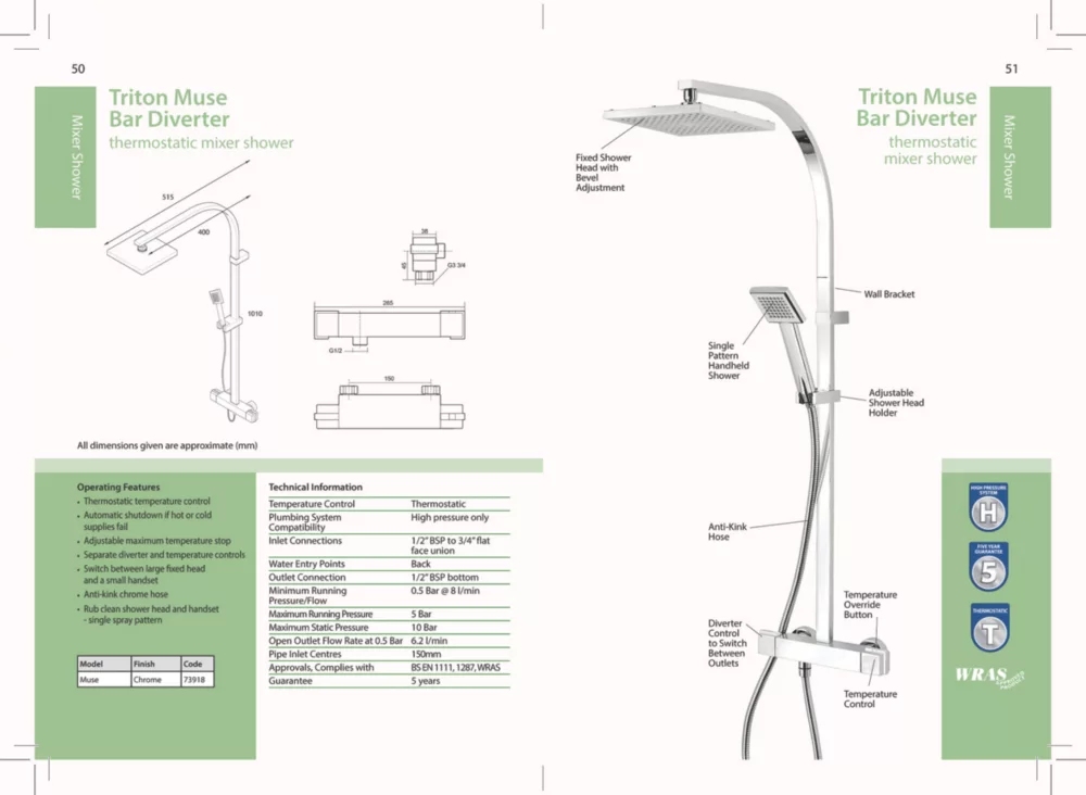 Triton Muse Rear-Fed Exposed Chrome Thermostatic Bar Diverter Mixer Shower - Image 5
