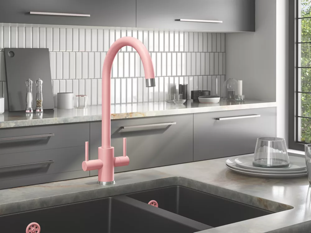 ETAL Sorrento Twin Lever Kitchen Mixer Tap Matt Pink - Image 2