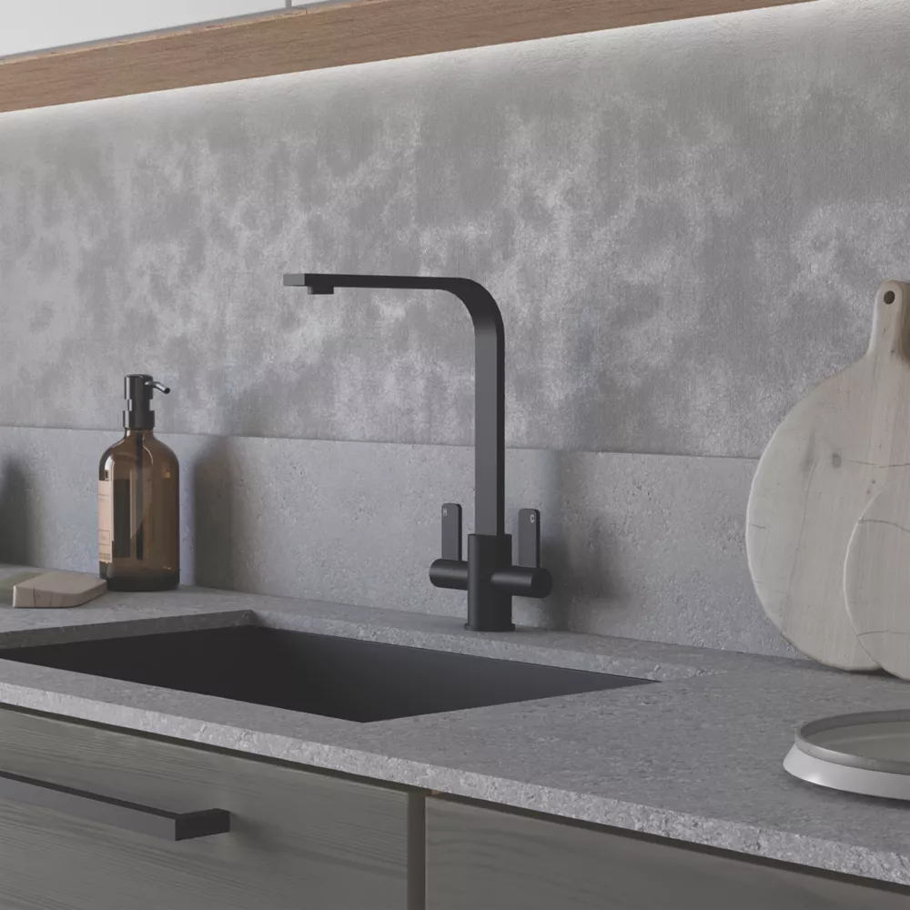 ETAL Stroud Twin Lever Kitchen Mixer Tap Matt Black - Image 2