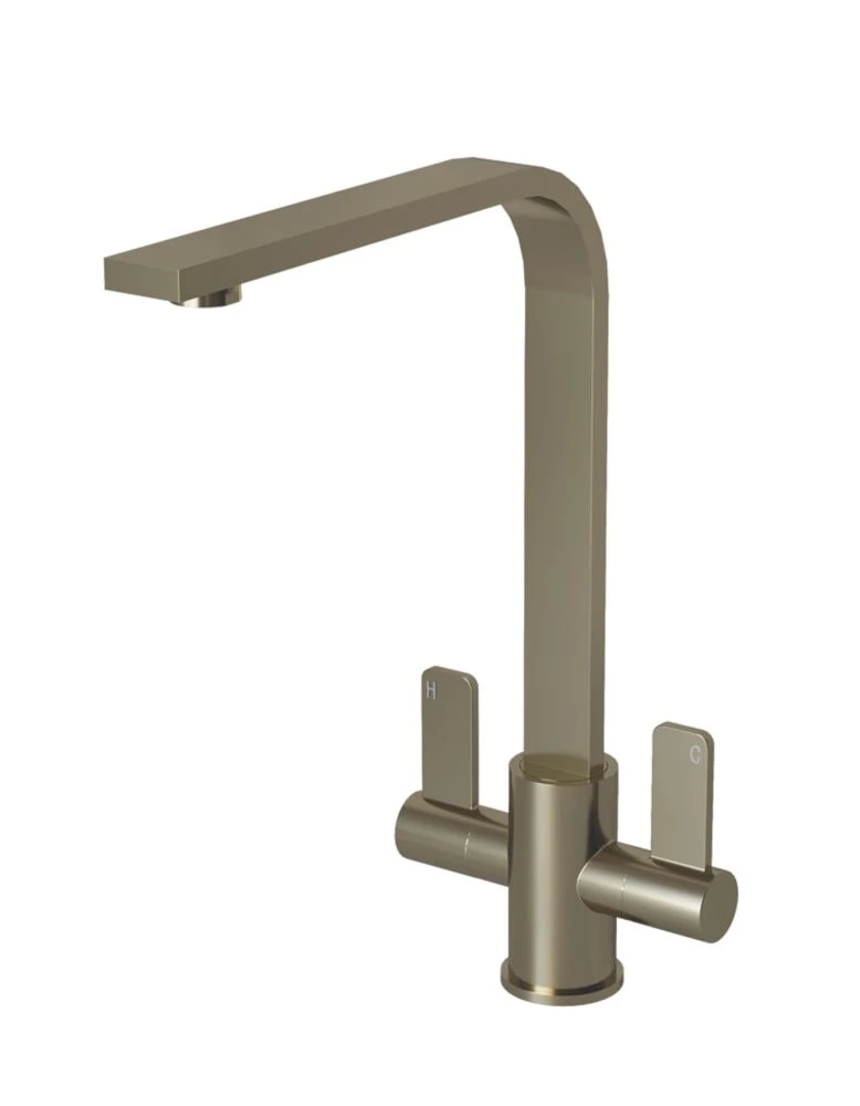 ETAL Stroud Twin Lever Kitchen Mixer Tap Brushed Steel