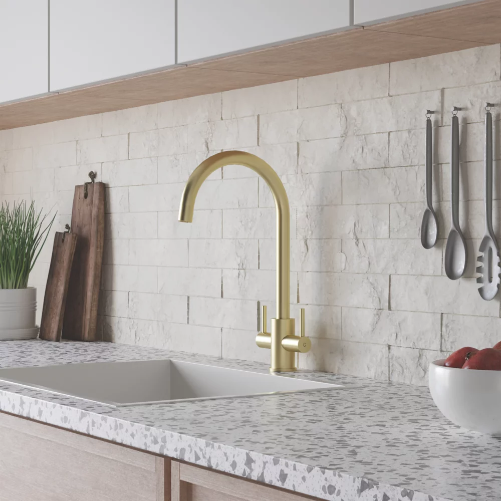 ETAL Dart Twin Lever Kitchen Mixer Tap Brushed Brass - Image 2